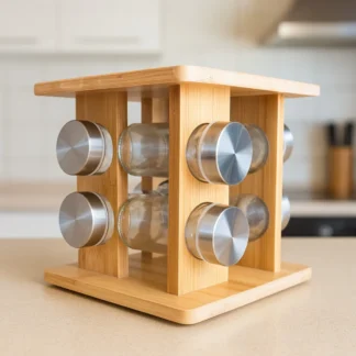 Porta Temperos Giratório de Bambu – 8 Potes de Vidro e Tampa Inox