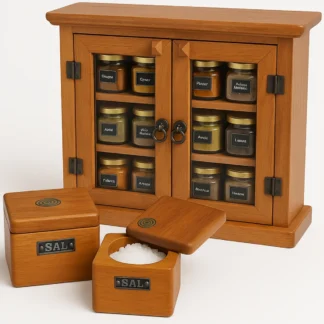 Kit Porta Condimentos e Saleiro de Madeira – Armário com 15 Potes de Vidro e Caixa de Sal Artesanal
